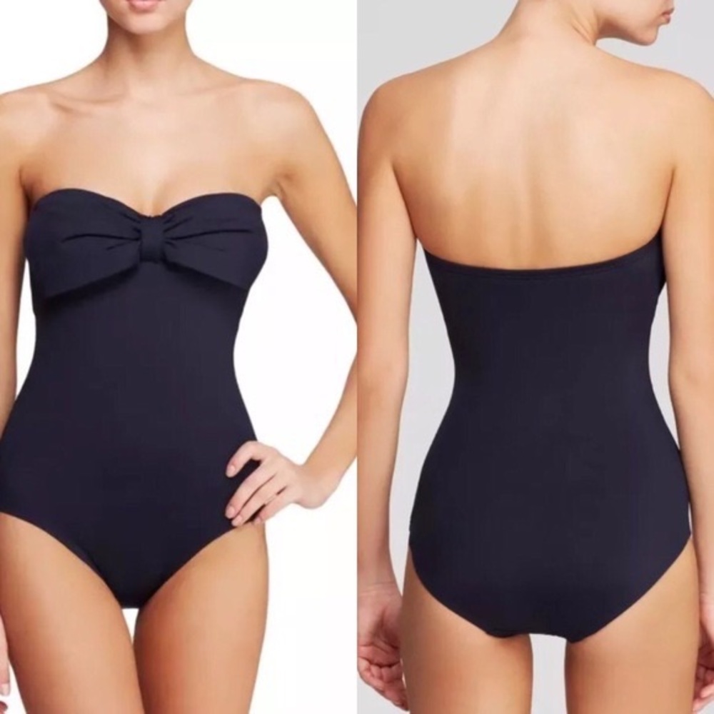 Navy bow bandeau swim suit with skirt